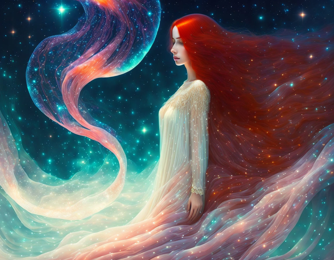 Surreal illustration of woman with red hair in cosmic setting