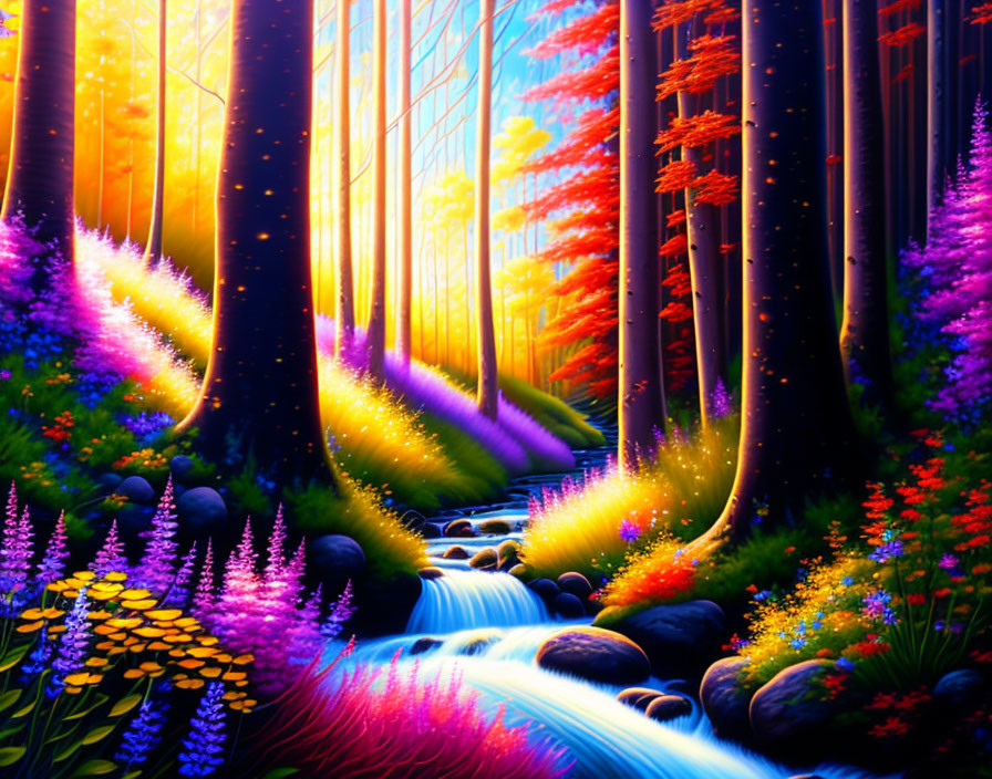 Lush forest scene with stream, sunlight, and wildflowers