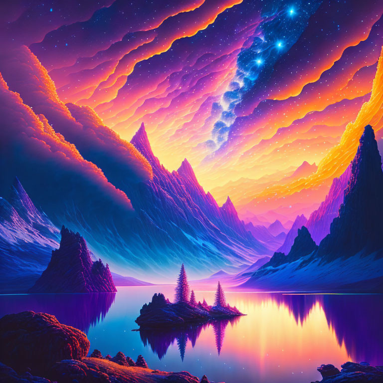 Surreal landscape with vibrant skies, stars, mountain peaks, and reflective lake