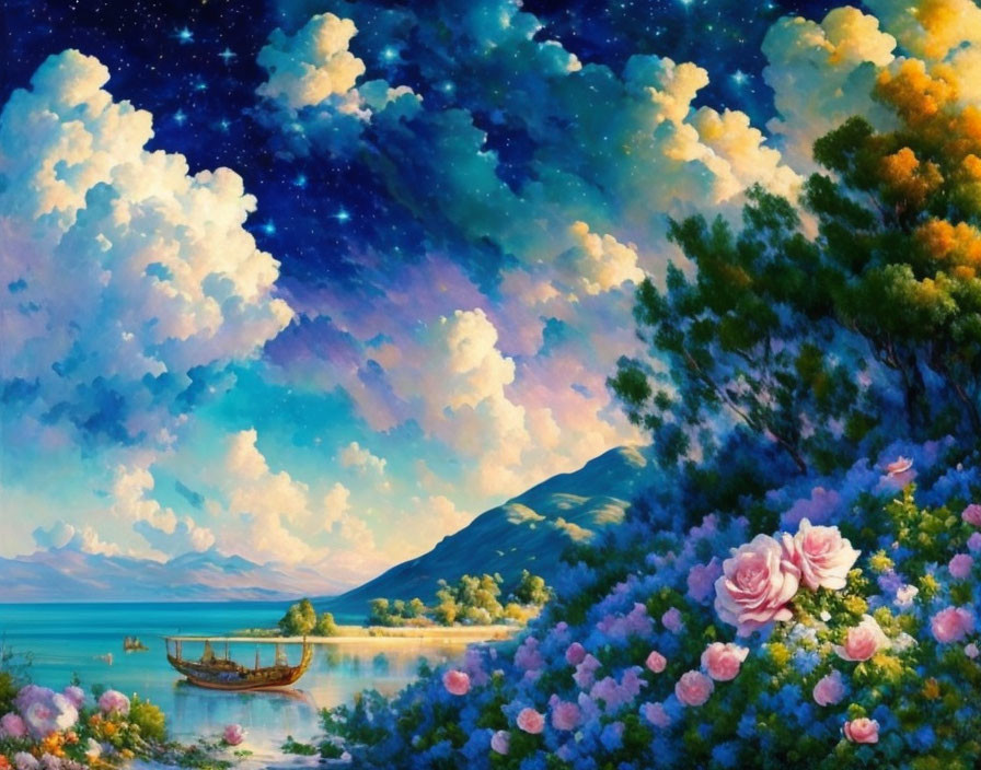 Vibrant painting of starry night sky over serene lake