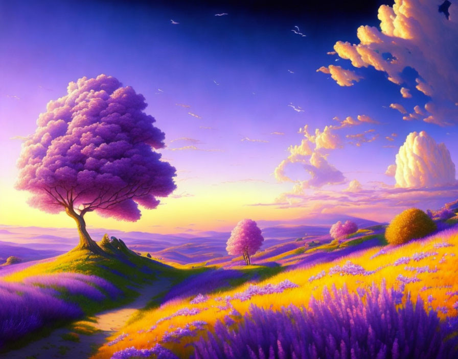 Vivid landscape with large purple tree in twilight sky