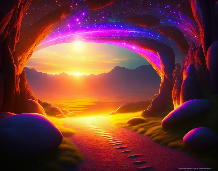 Digital art landscape of sunset in cave with starry sky