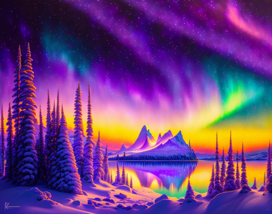 Majestic auroras illuminate snowy landscape with serene lake