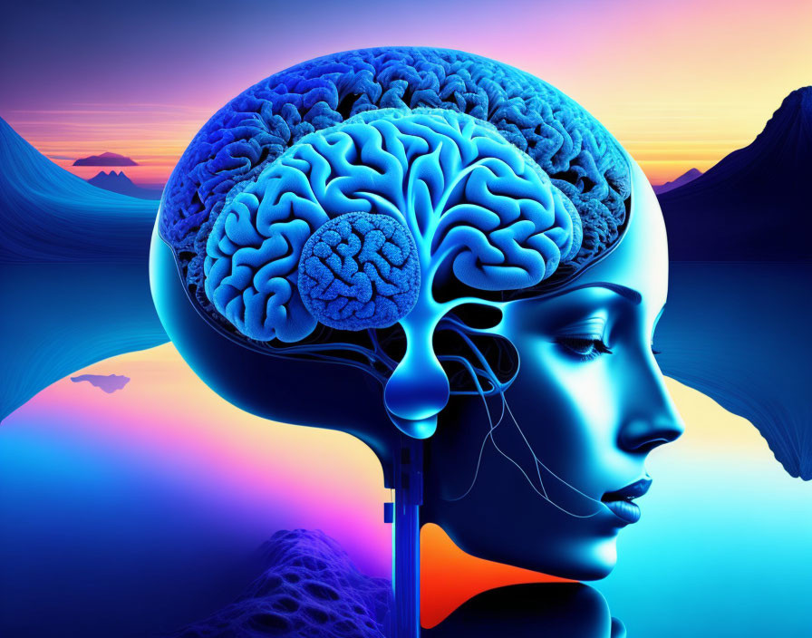 Surreal female profile with transparent head and blue brain on colorful background