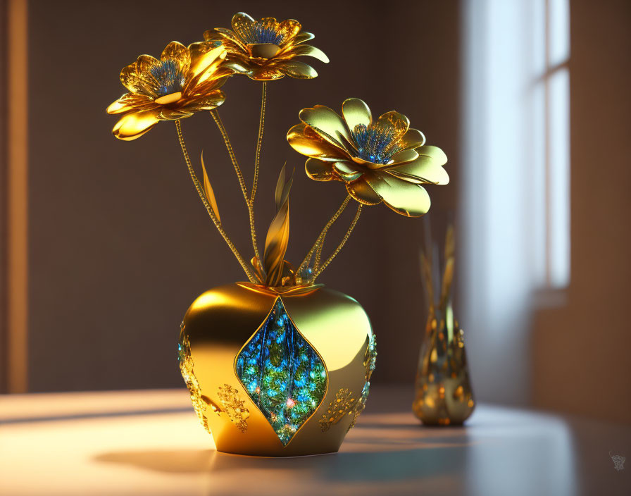 Metallic gold flowers with blue designs in a vase under soft sunlight.