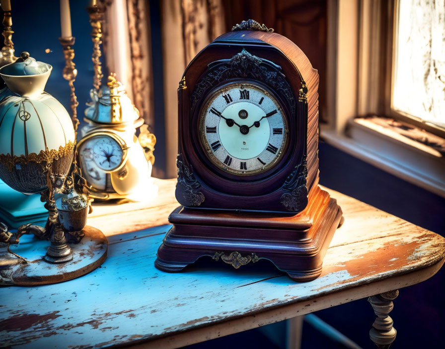 Vintage Mantel Clock with Ornate Carvings on Weathered Table