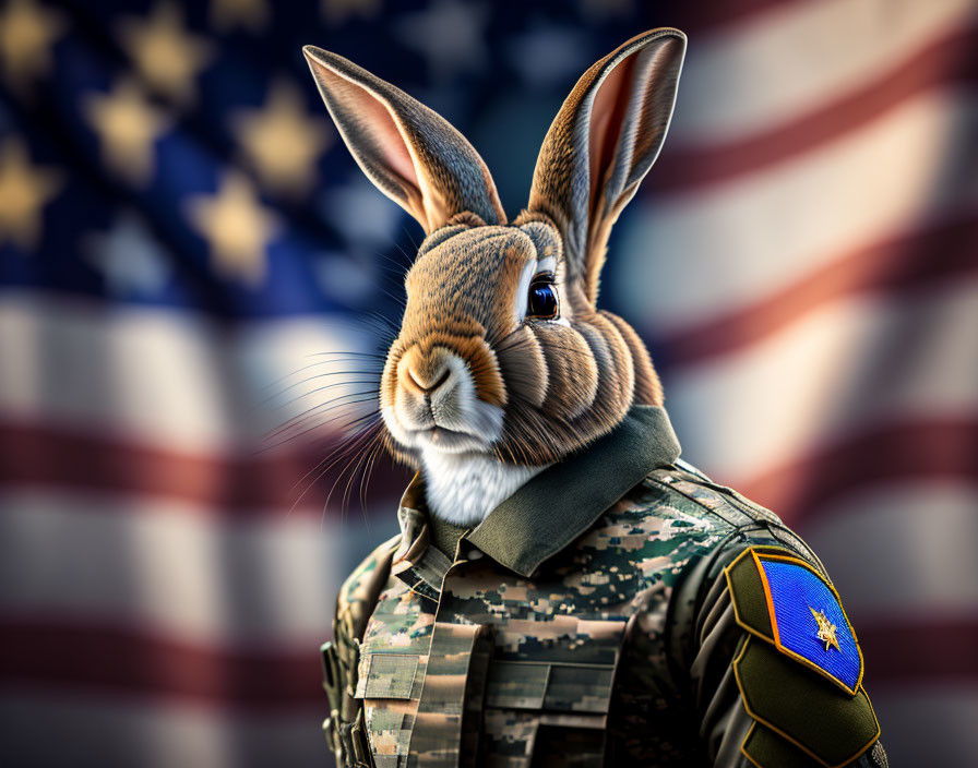 Digital image of rabbit in military uniform with American flag