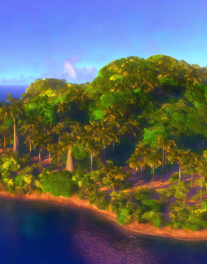 Tropical Island with Palm Trees and Golden Hour Light