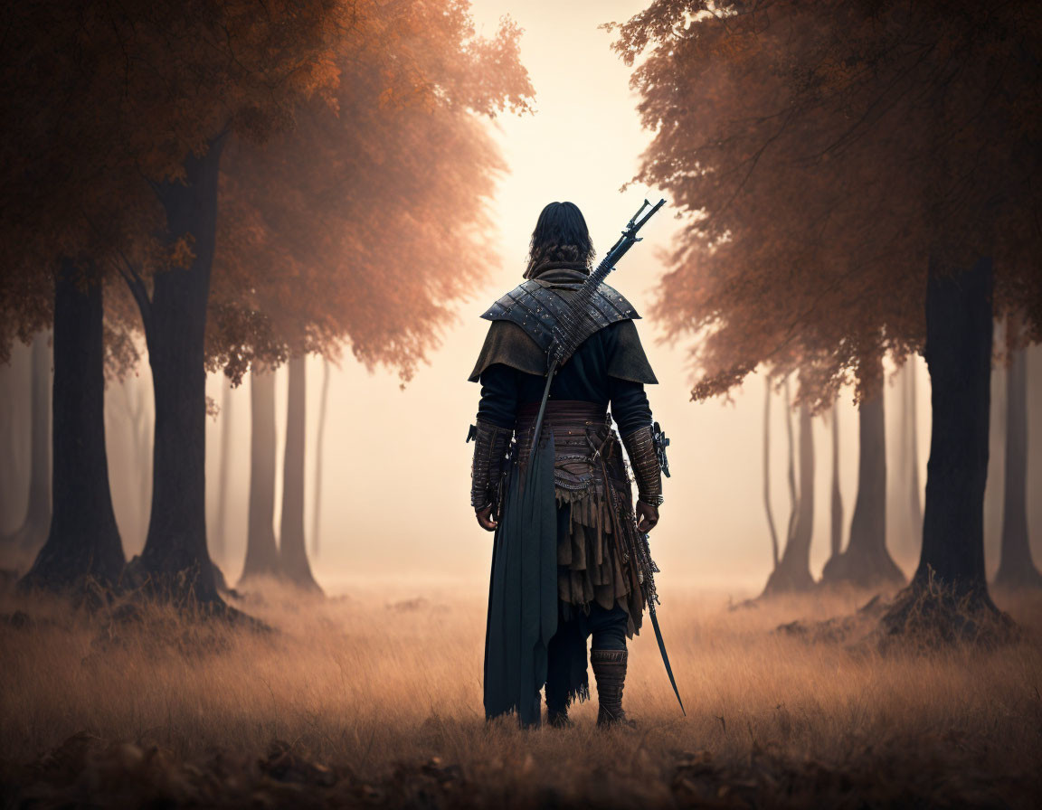 Medieval warrior in armor walking on misty forest path among autumnal trees