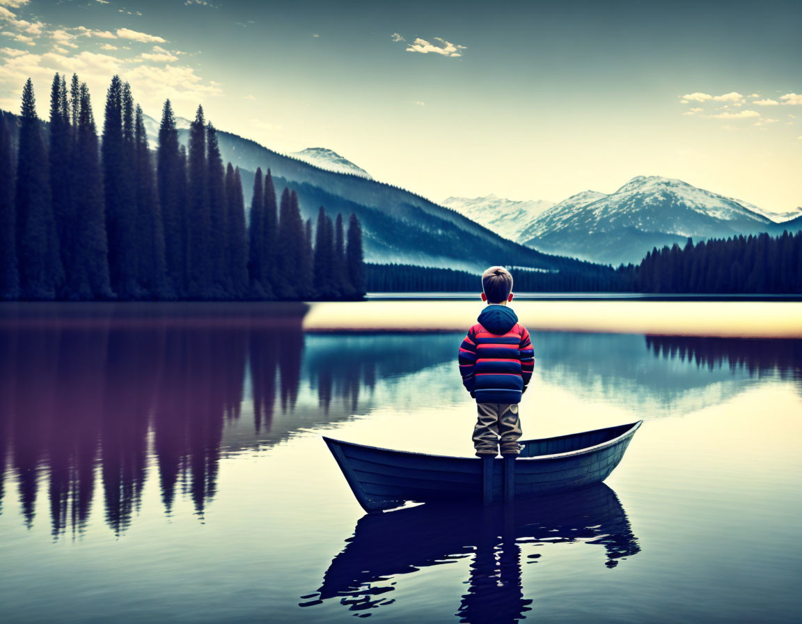 Child in Boat on Calm Lake at Dusk with Mountain Reflections