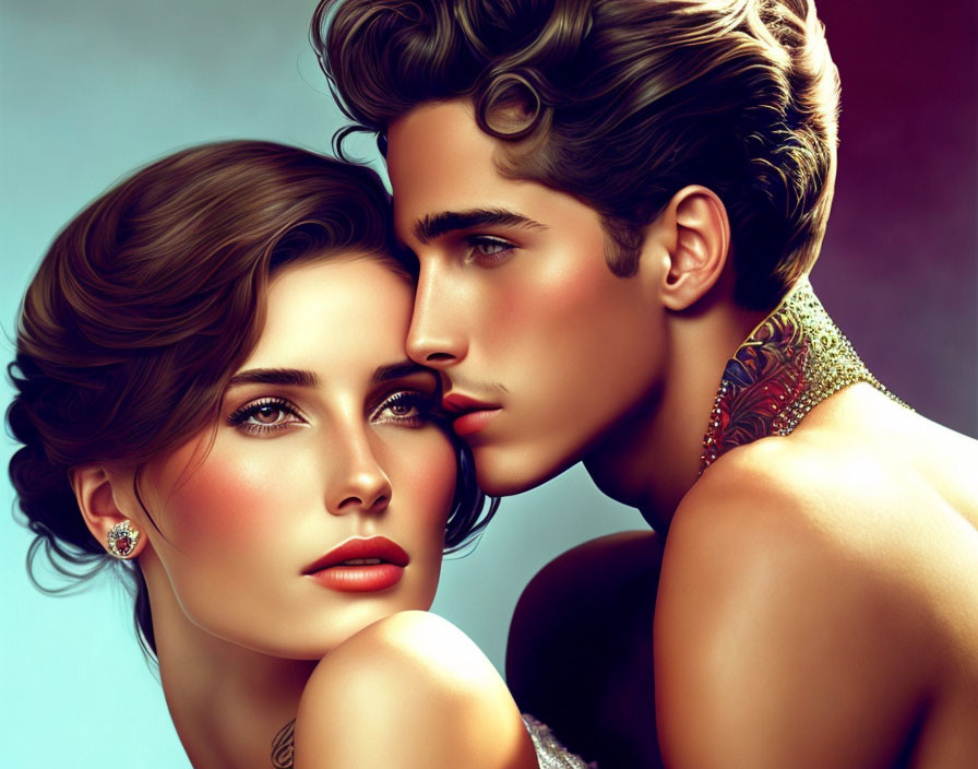 Stylized digital artwork of man and woman in close pose with detailed hair and makeup