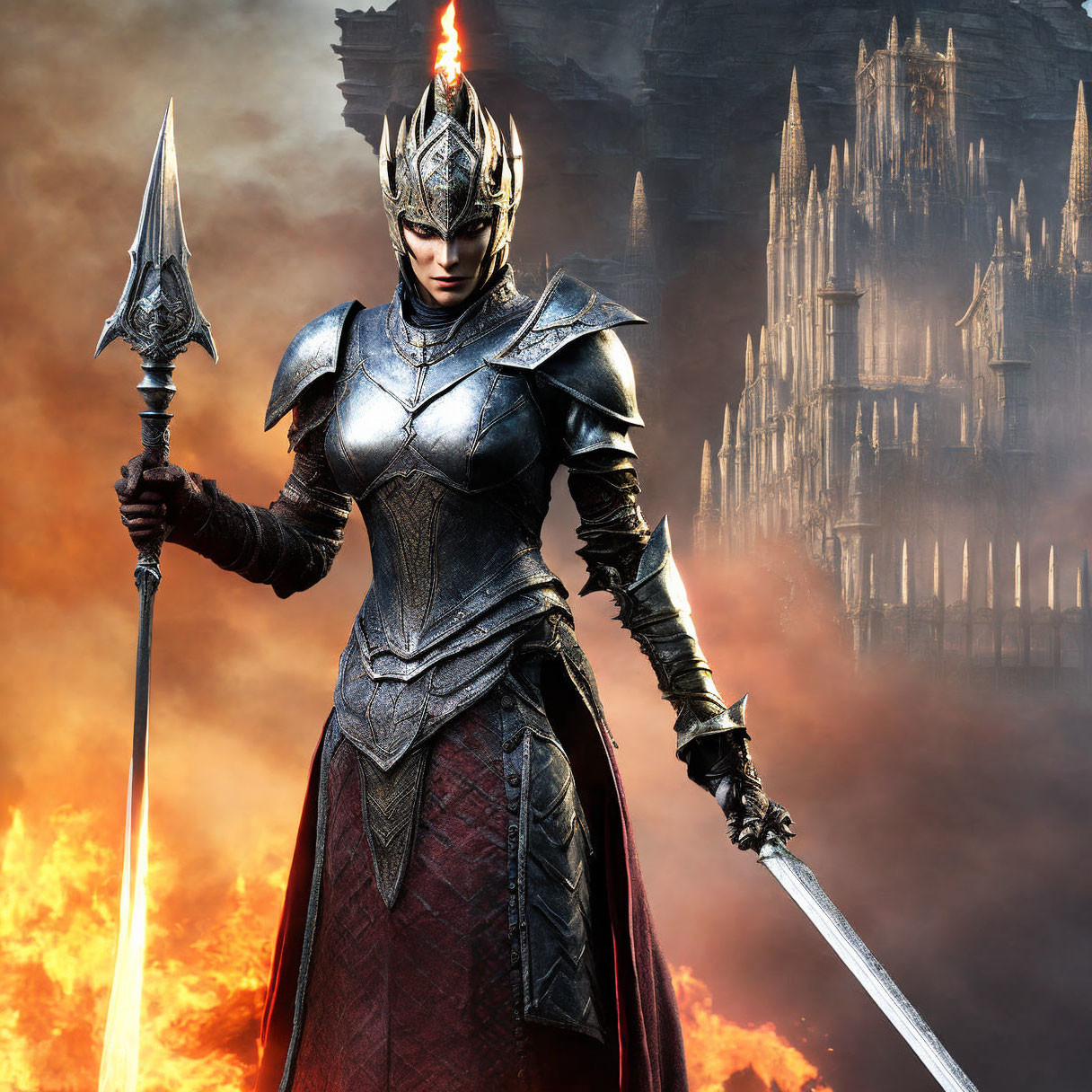 Armored warrior with spears in fiery landscape and dark castle.