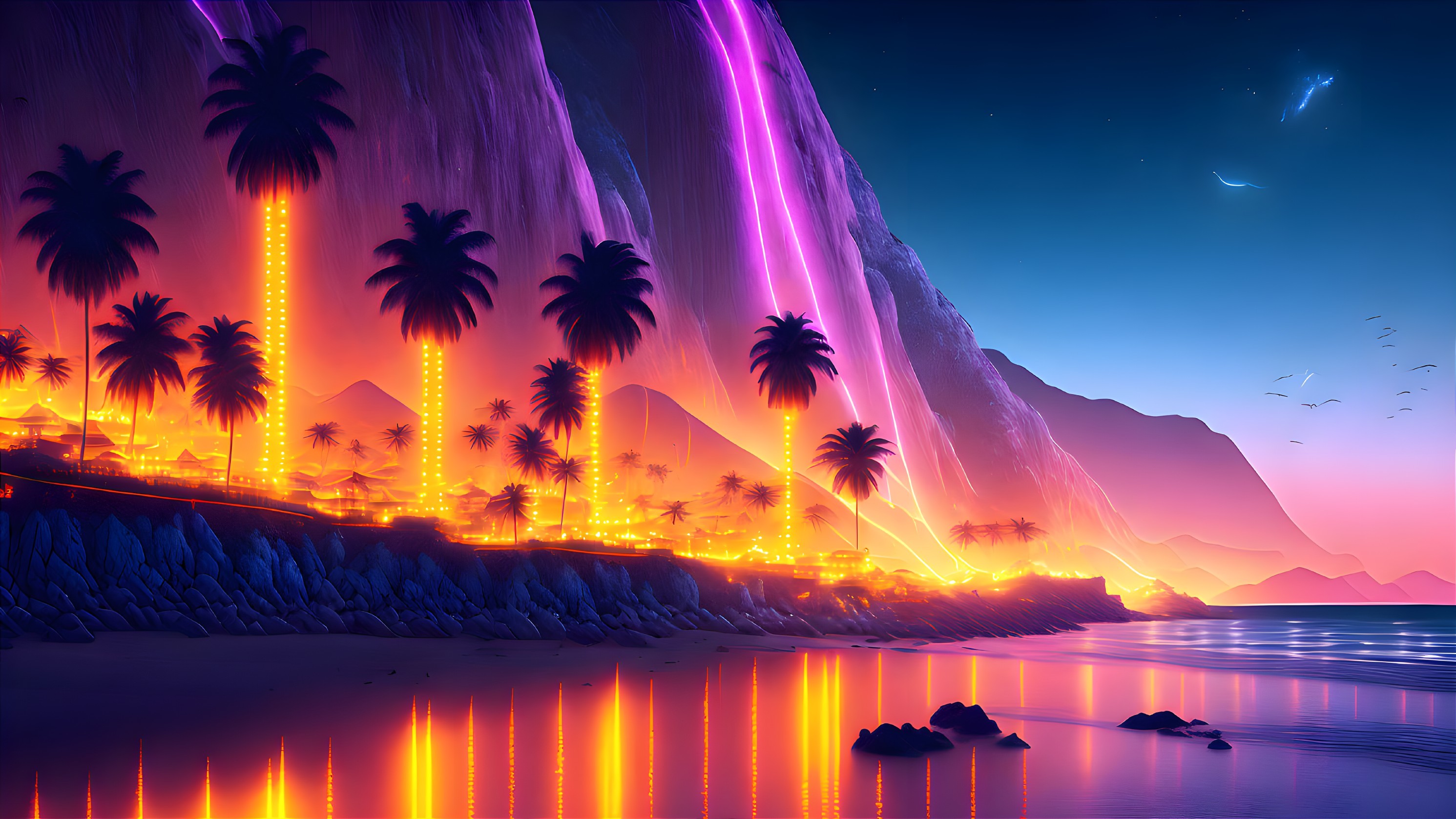 Vivid night beach scene with glowing lava falls, palm trees, star-lit sky, shooting star