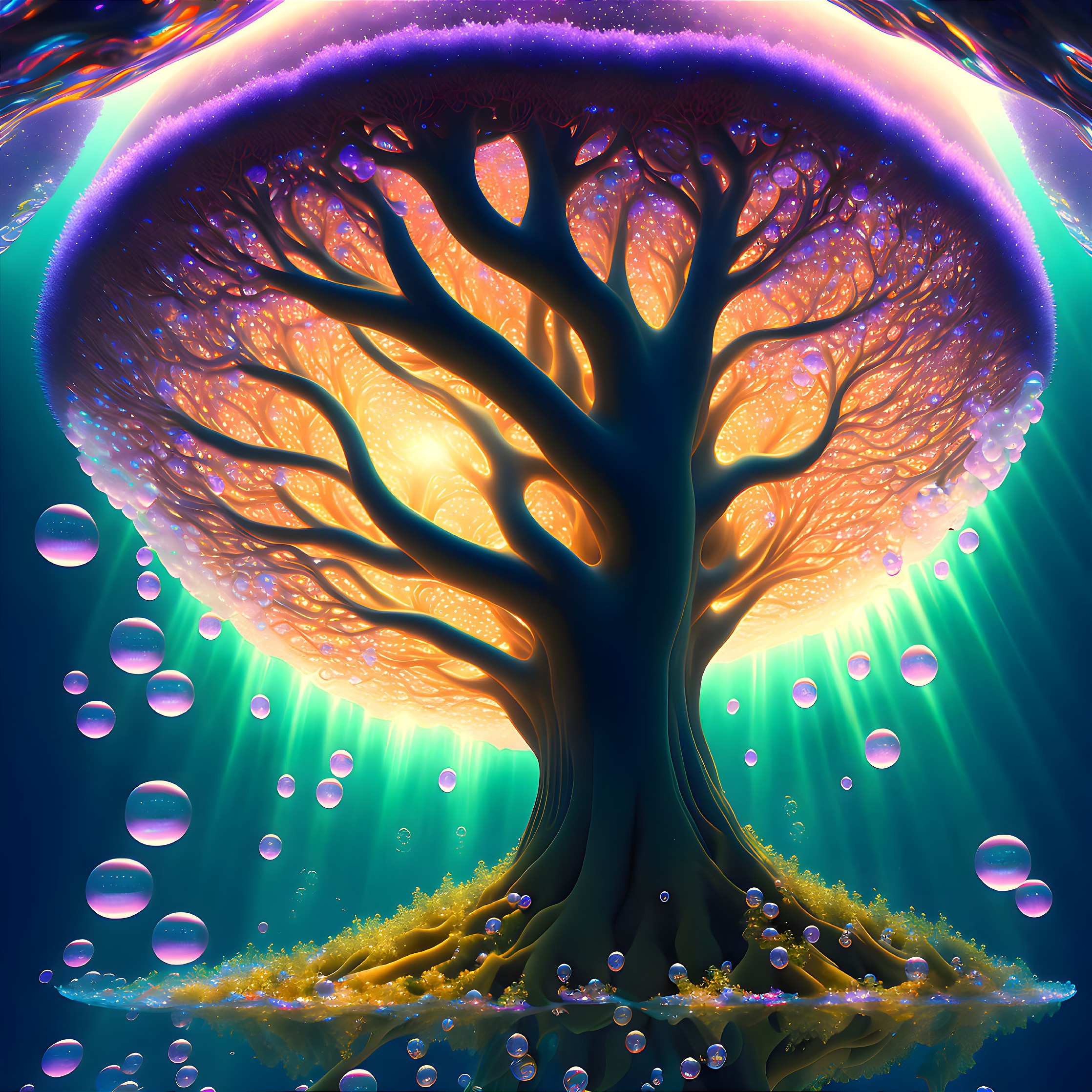 Fantastical tree digital artwork with glowing branches under starry sky