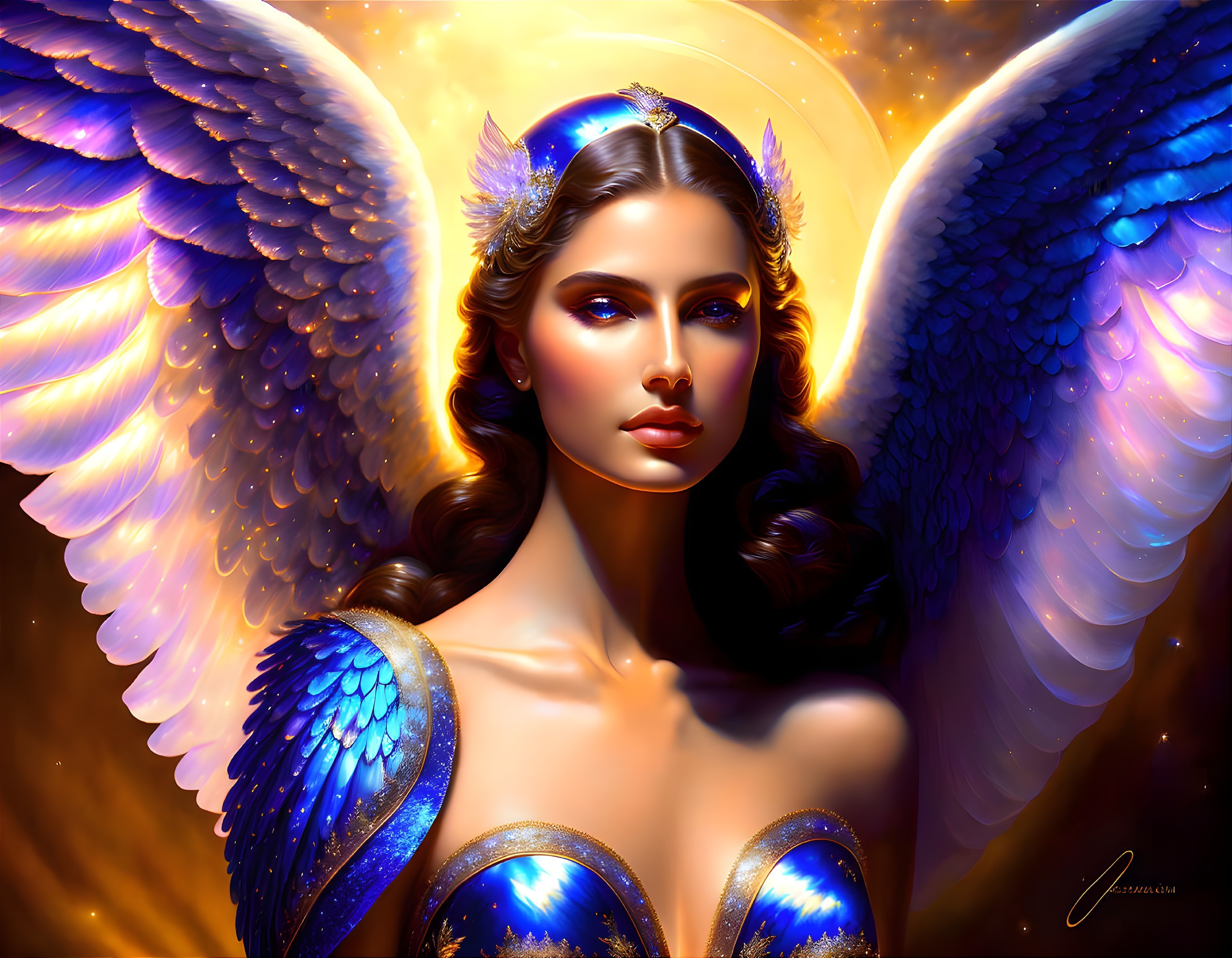 Digital artwork: Woman with angelic blue wings, golden glow, starry headdress & armor