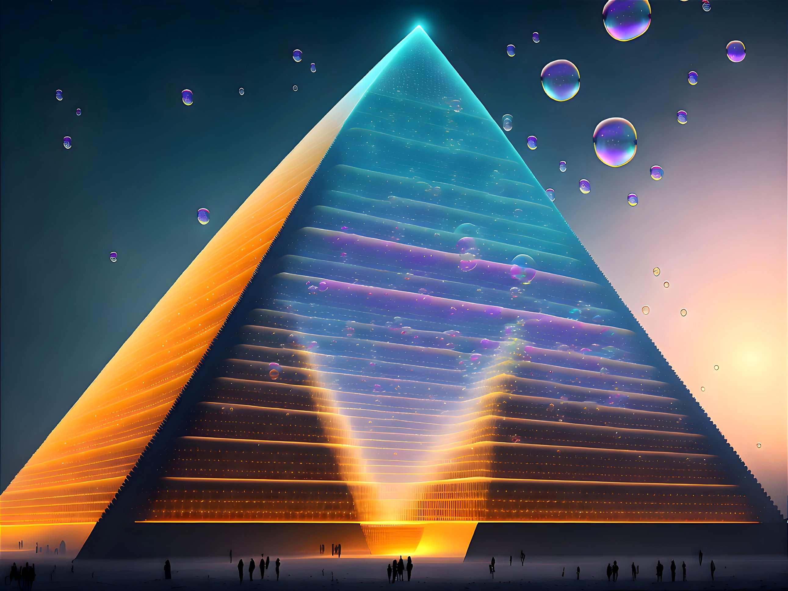 Futuristic glowing pyramid with floating bubbles under orange sky