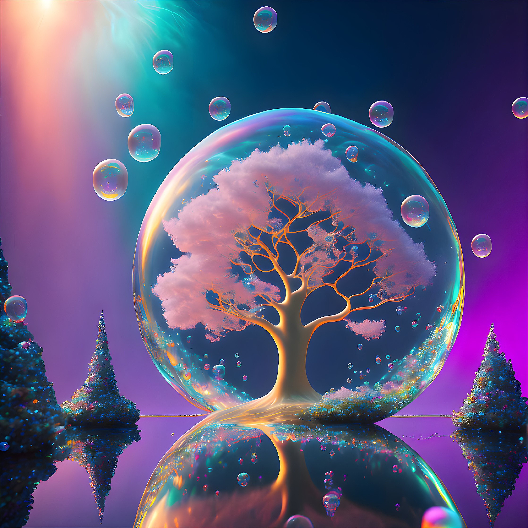 Surreal landscape with tree in transparent bubble under twilight sky