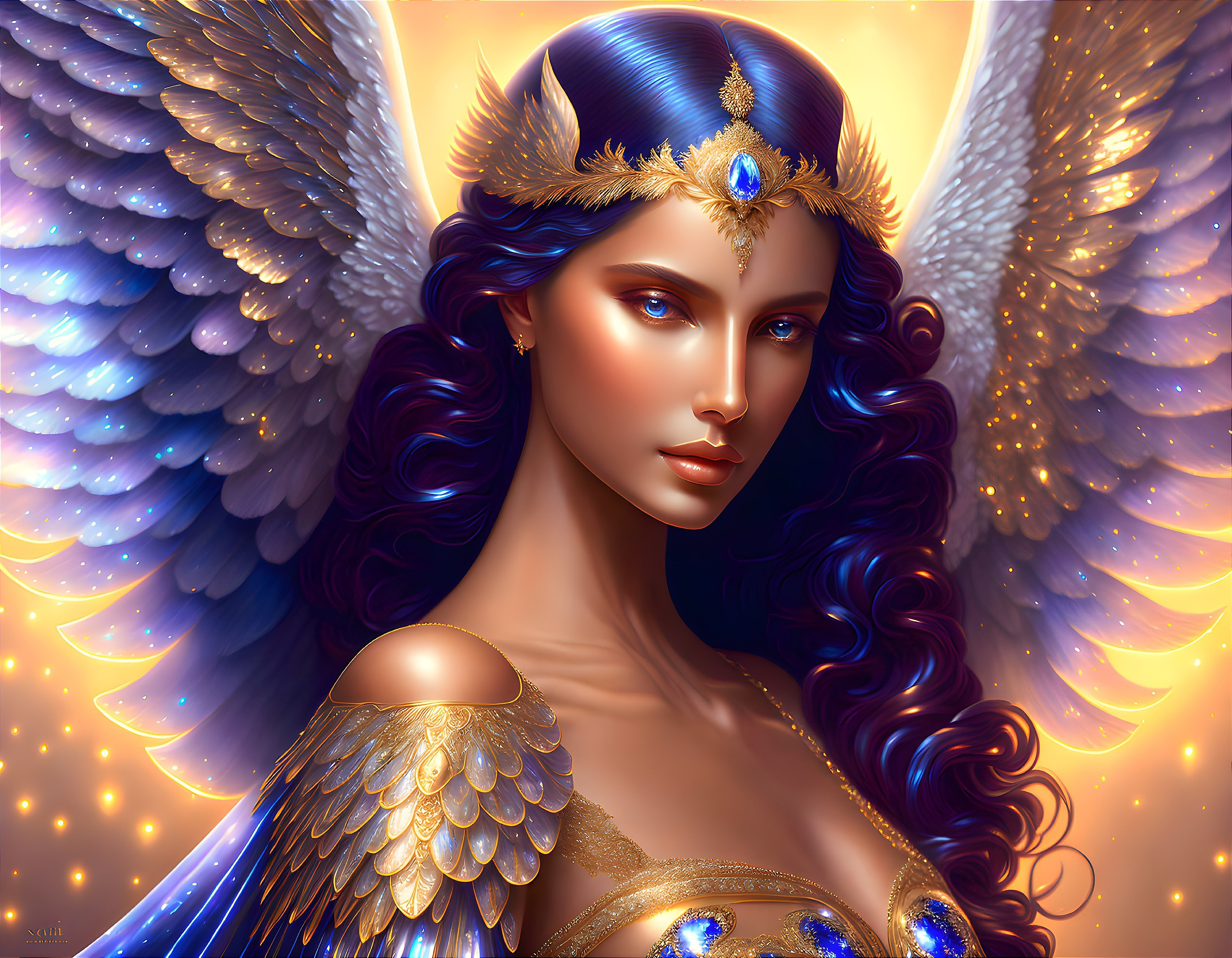 Digital artwork: Woman with angelic wings & crown, vibrant blue eyes, dark hair, golden accents