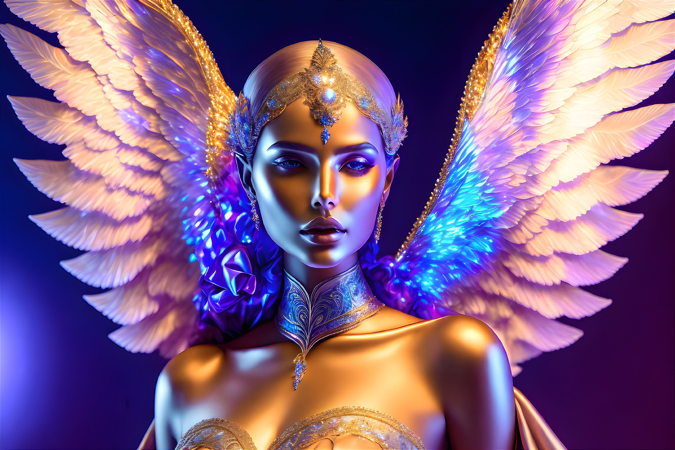 Golden-skinned woman with angel wings and jewelry on blue backdrop