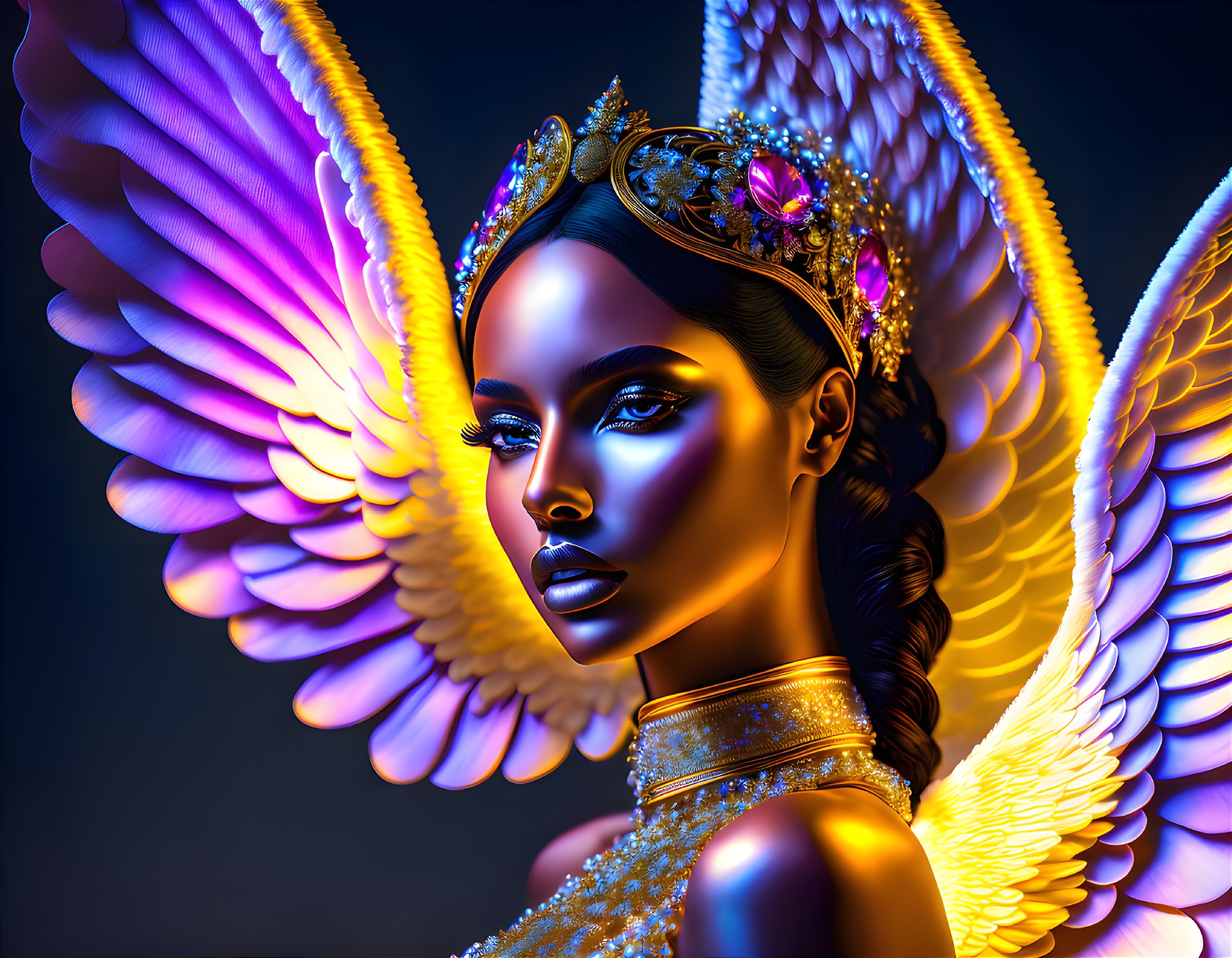 Digital Artwork: Woman with Regal Crown & Multicolored Angel Wings