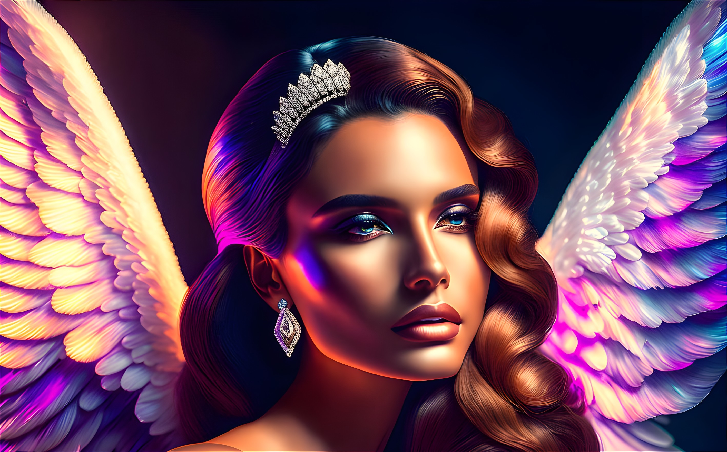 Digital artwork: Woman with angel wings, crown, and earrings in vibrant lighting against dark background