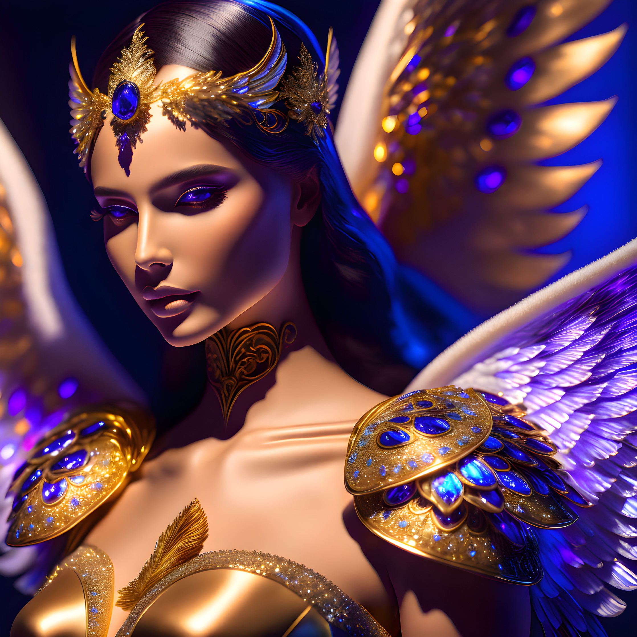 Golden-armored fantasy figure with white feathered wings on deep blue background.