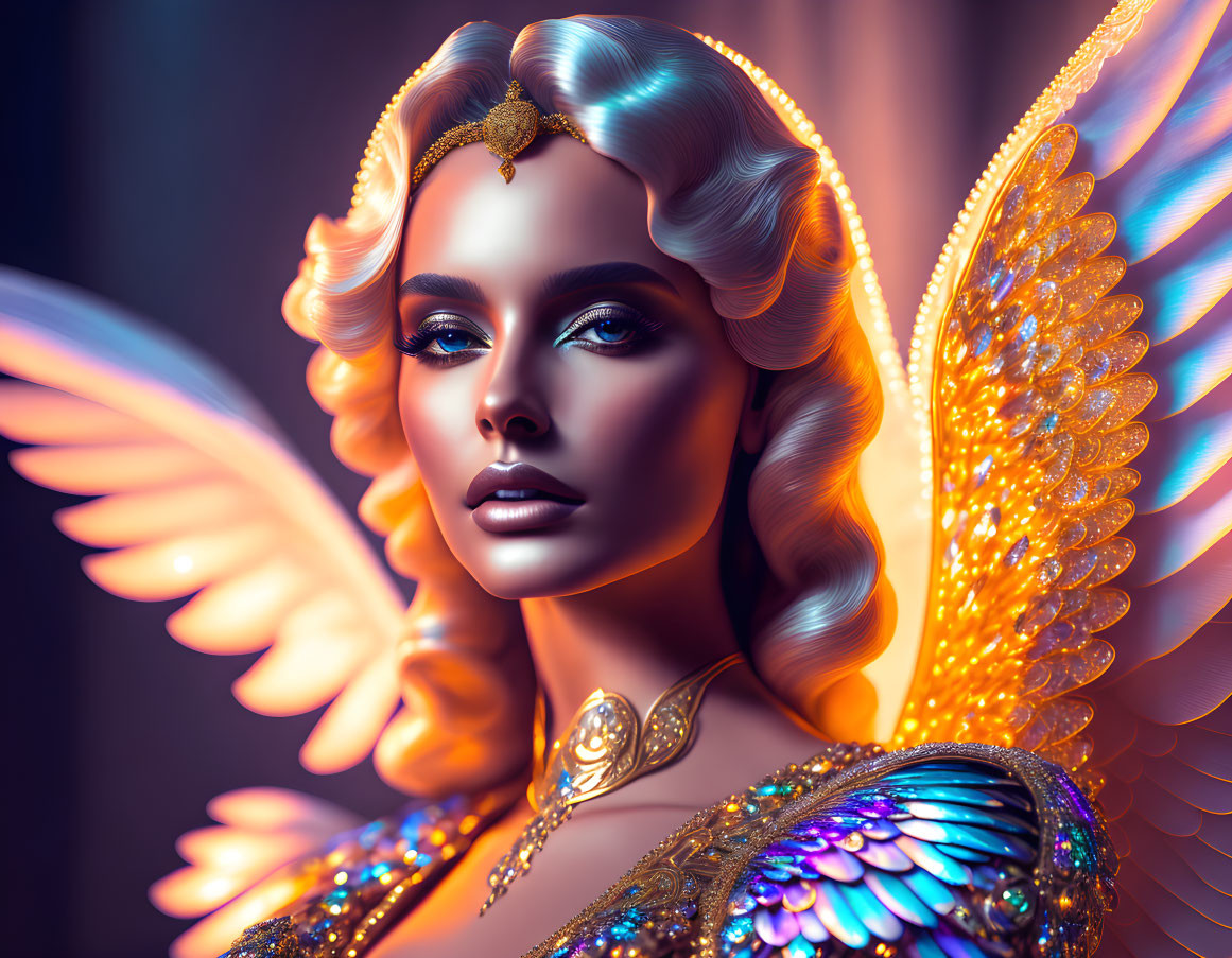 Fantastical female figure with angelic wings and golden jewelry in digital art