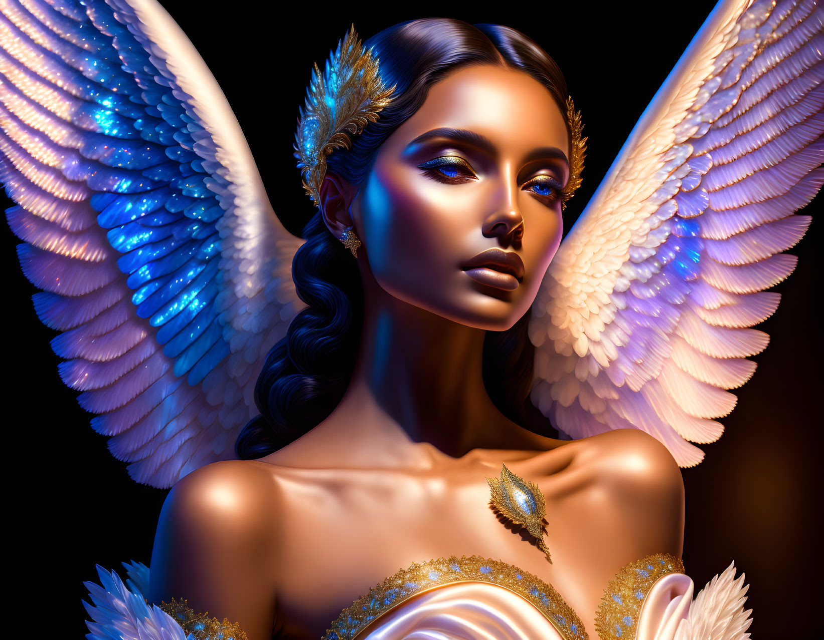 Digital artwork: Woman with angelic wings and golden accessories on dark backdrop