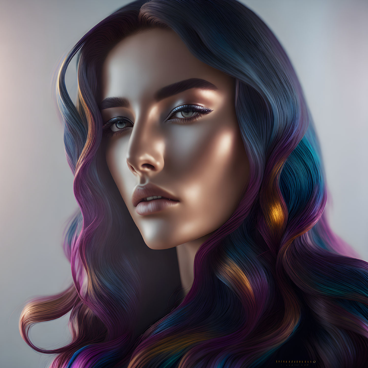 Vibrant digital portrait of a woman with multicolored hair and luminous skin