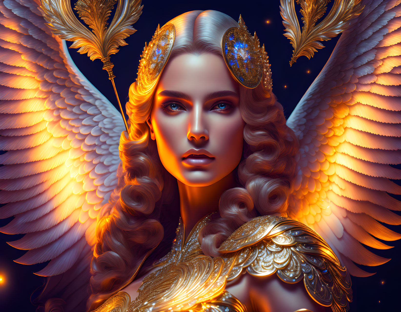 Digital Art: Angelic Figure in Golden Armor with Wings, Blue Eyes, Ornate Decorations