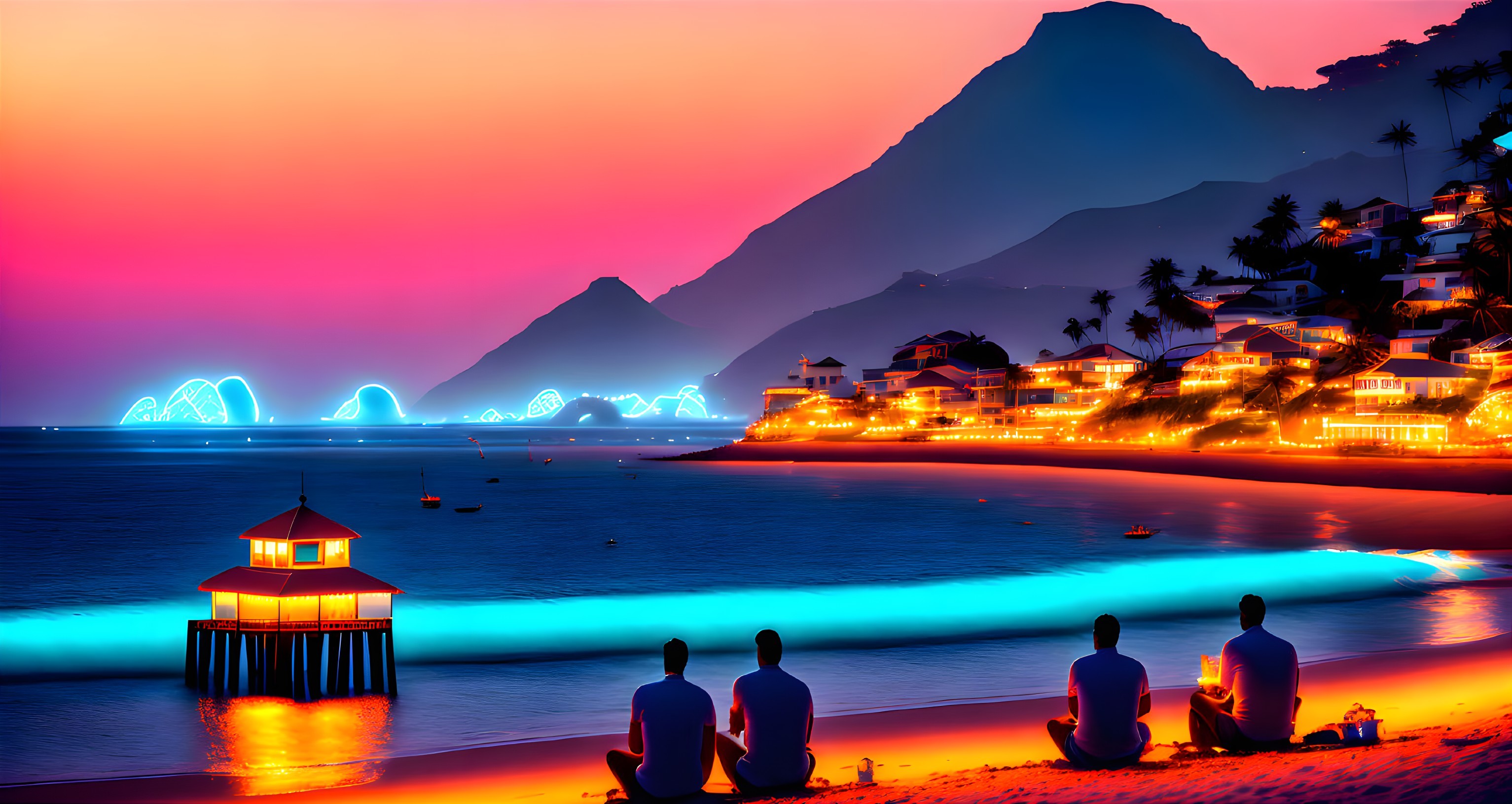 Four People Watching Sunset on Beach with Mountains in Background