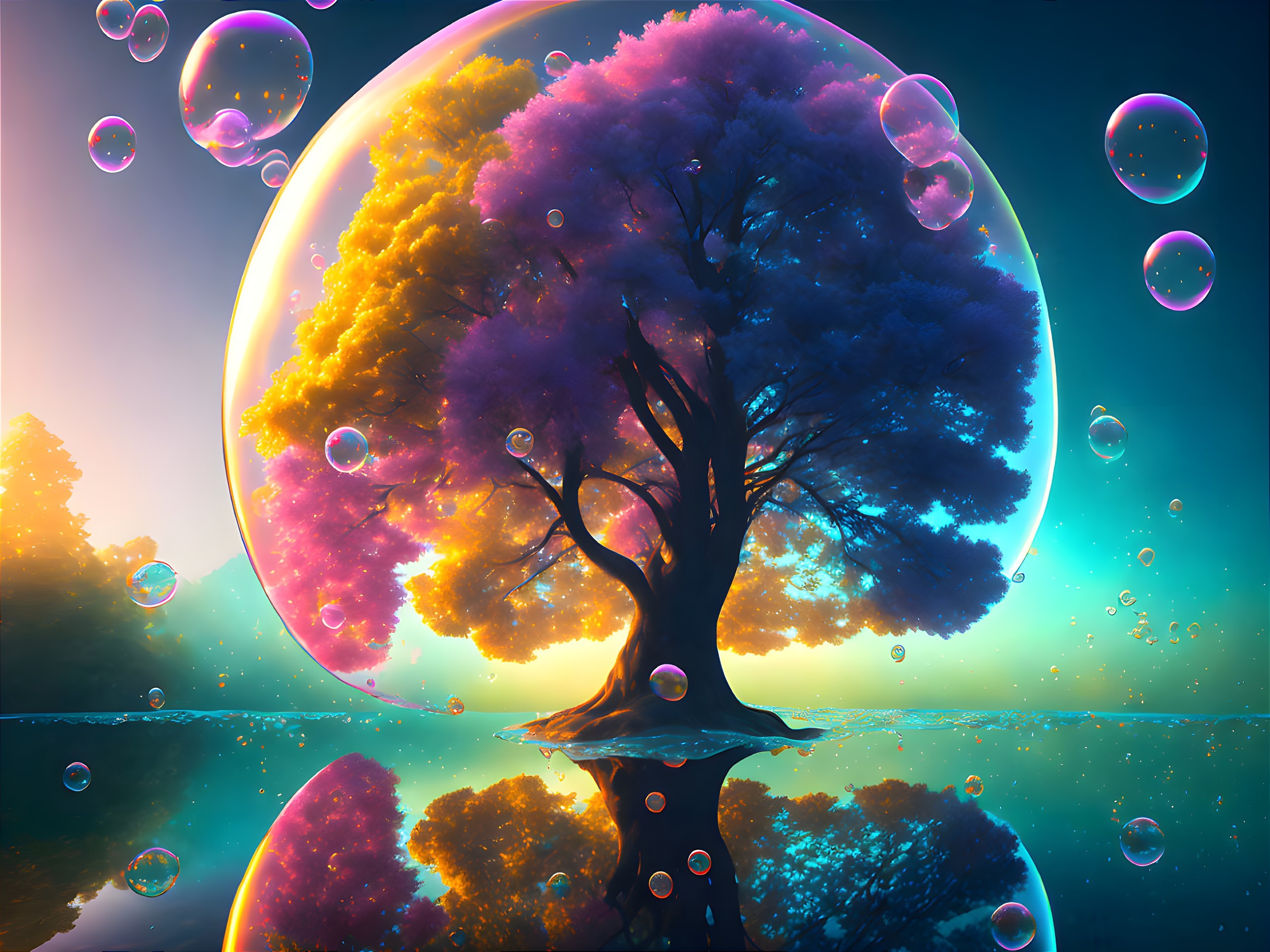 Colorful digital artwork: Tree in bubble surrounded by glowing bubbles in mystical landscape