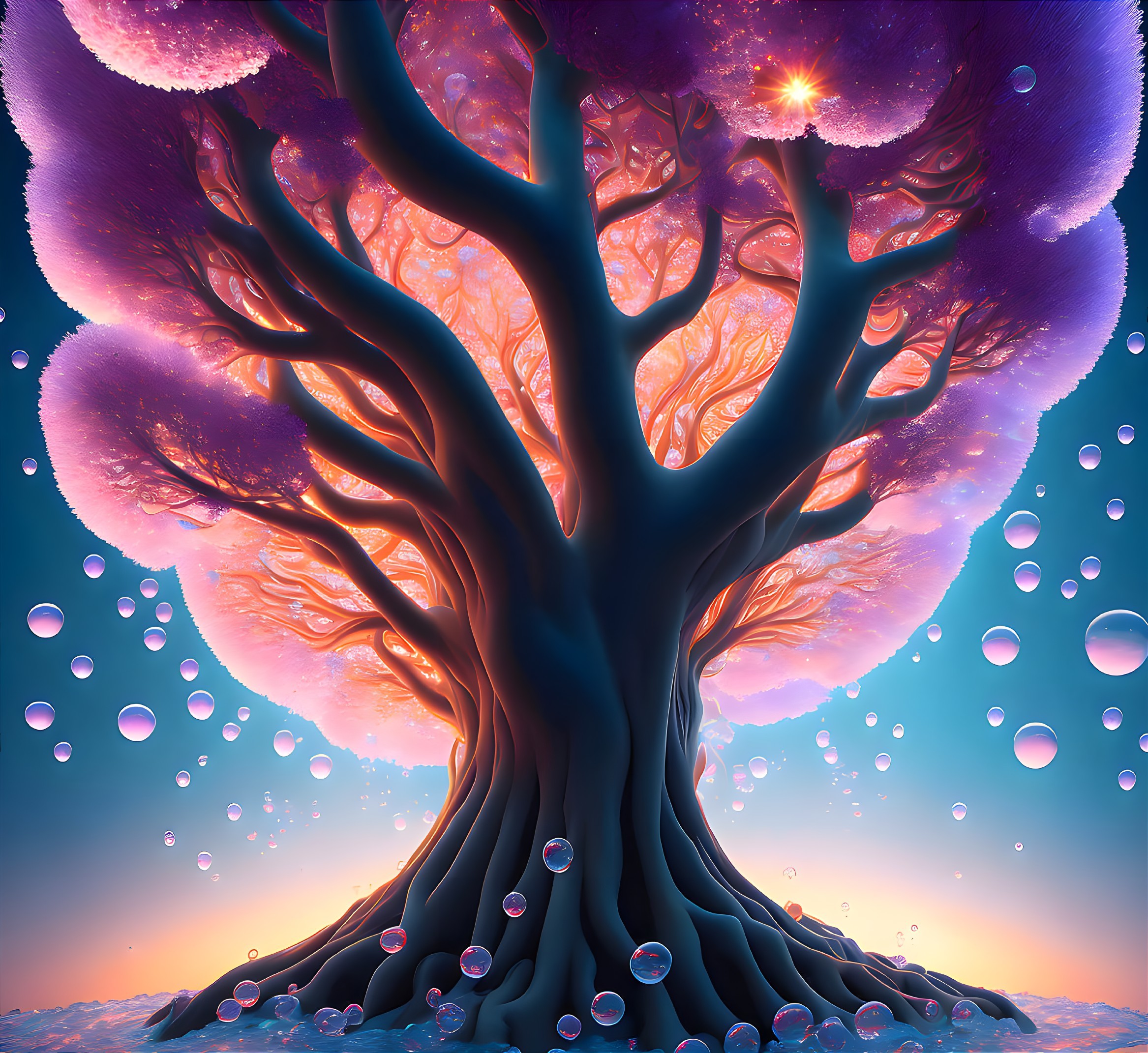 Majestic tree with glowing purple foliage in surreal illustration