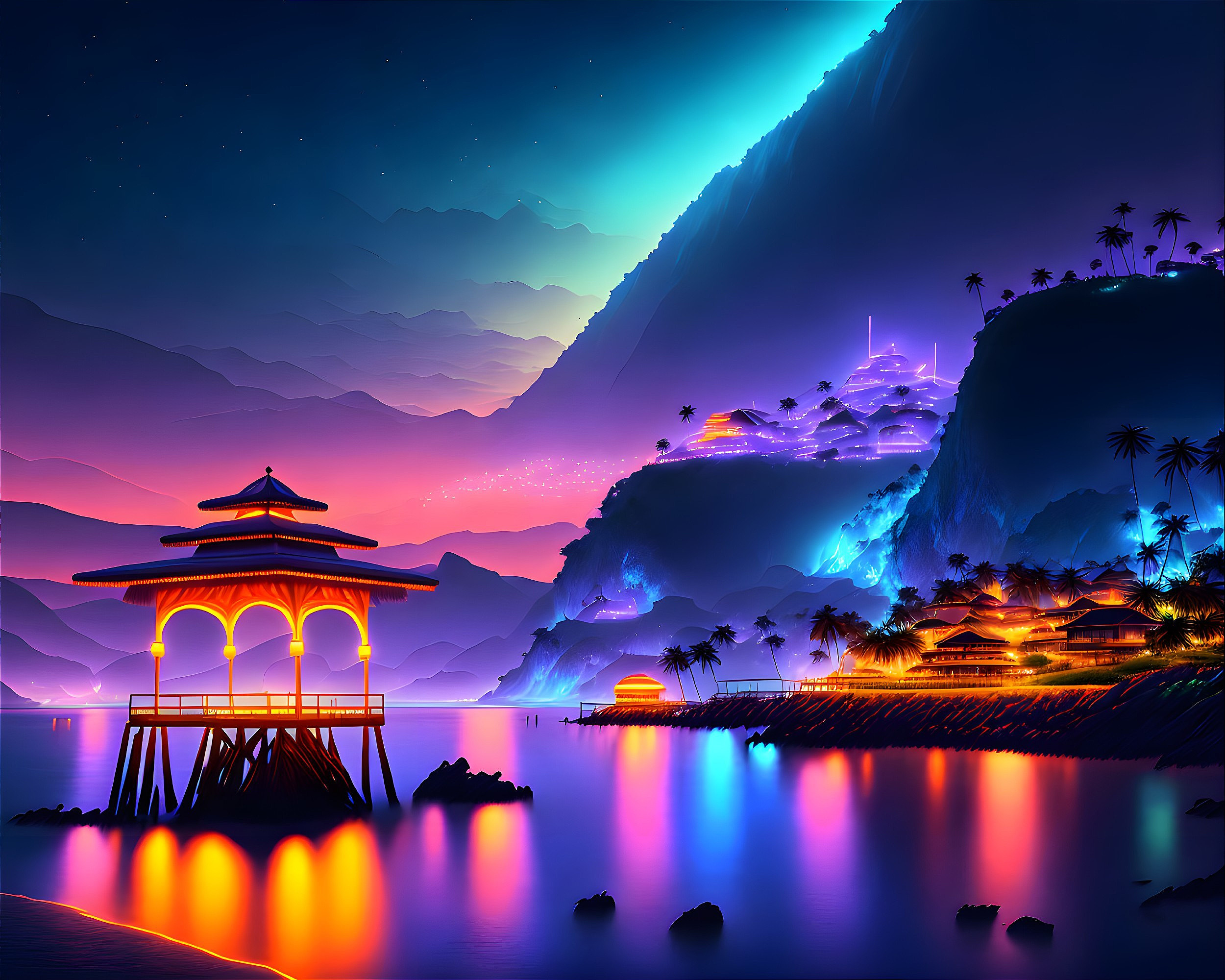 Digital art: Serene nighttime landscape with pagoda structures, calm water, and starry sky