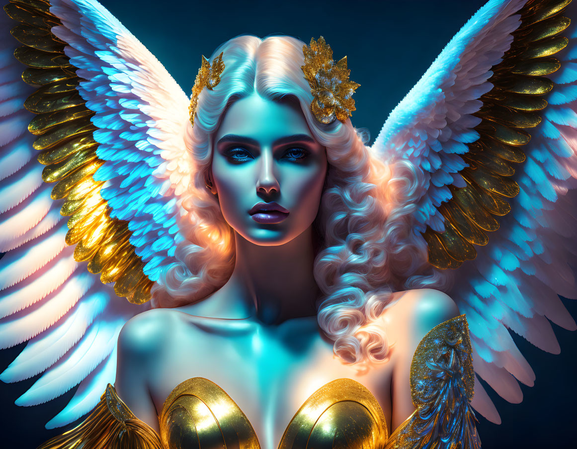 Golden-haired figure with crown and wings in metallic attire on blue background