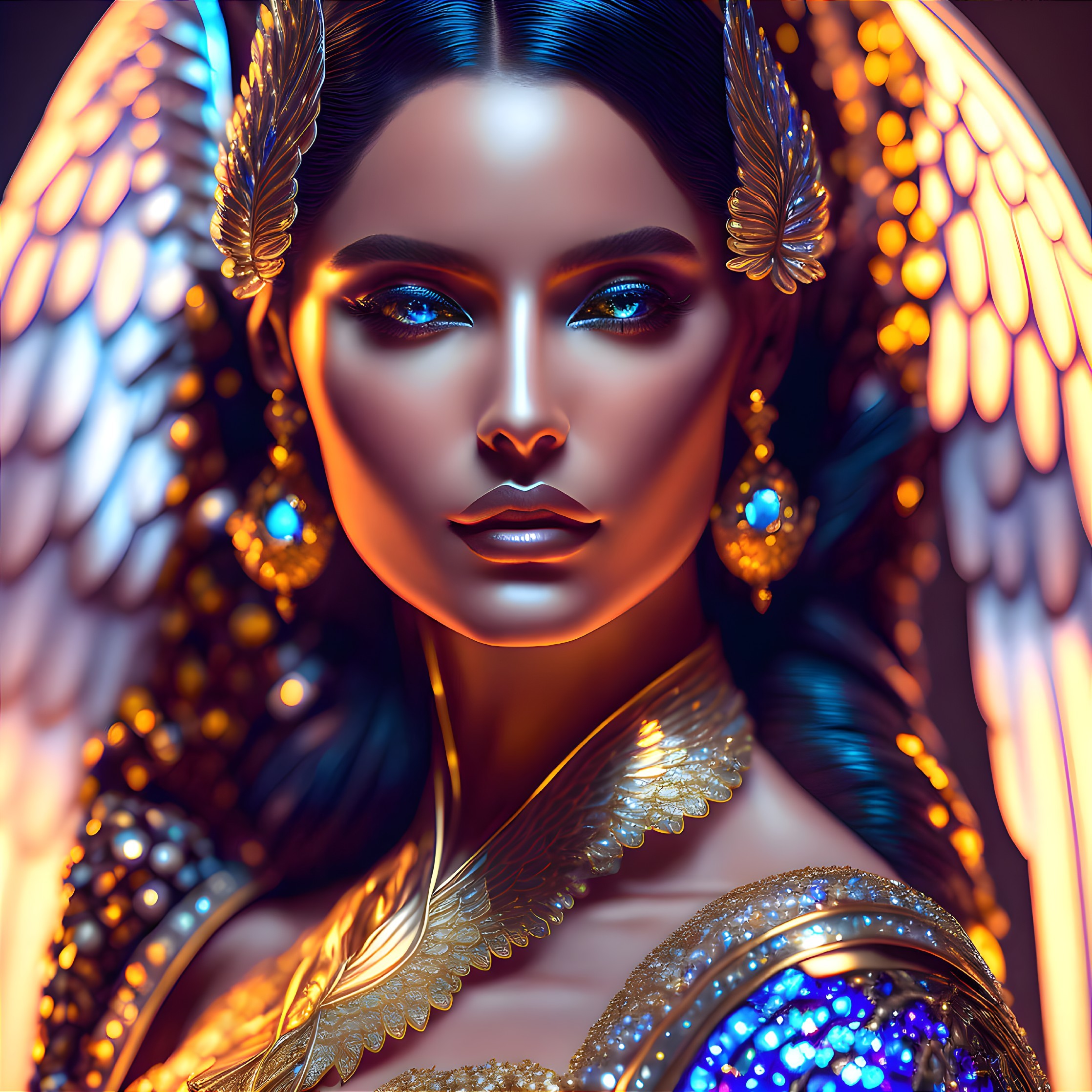 Digital Artwork: Woman with Blue Makeup & Golden Accessories