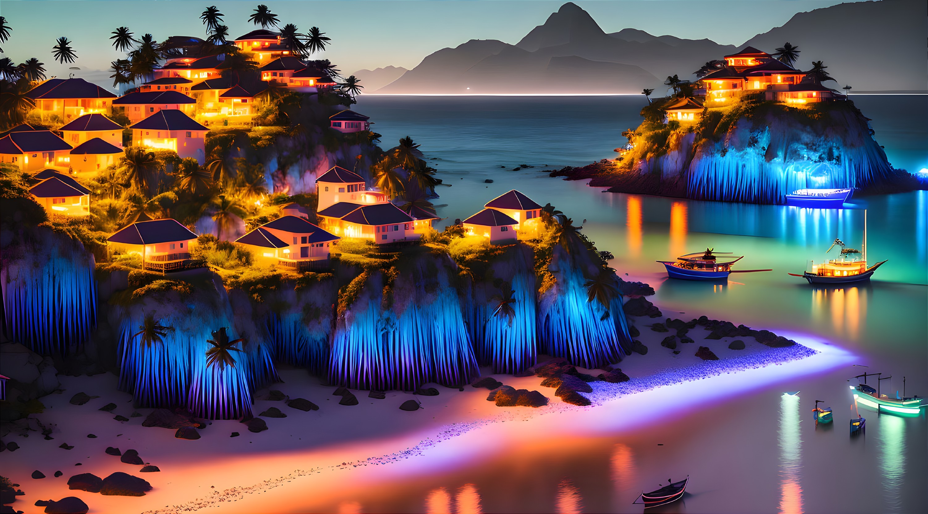 Coastal village at dusk: illuminated houses, bioluminescent water, boats, palm-lined