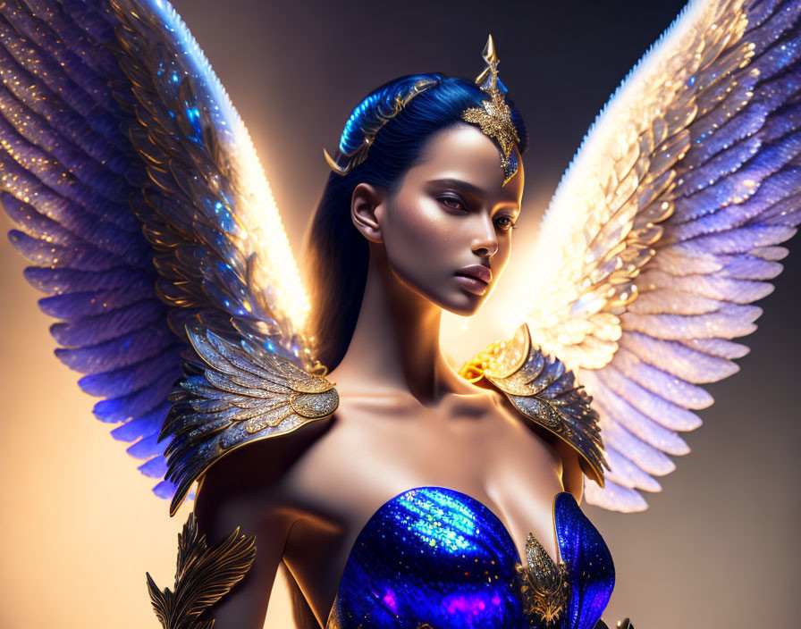 Female Figure with Blue and Gold Angelic Wings and Regal Attire