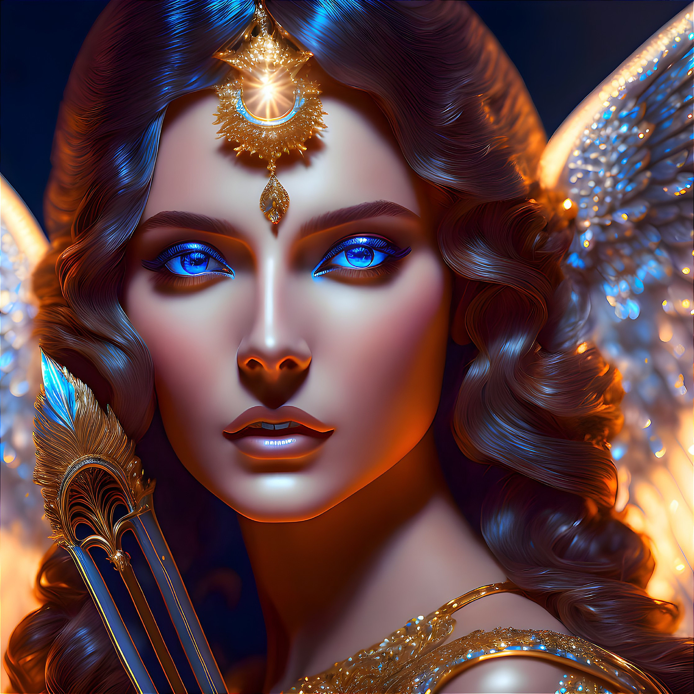 Fantasy female figure with glowing blue eyes and butterfly wings on blue backdrop