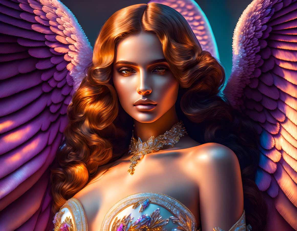 Vibrant digital artwork of a woman with angel wings and intricate jewelry