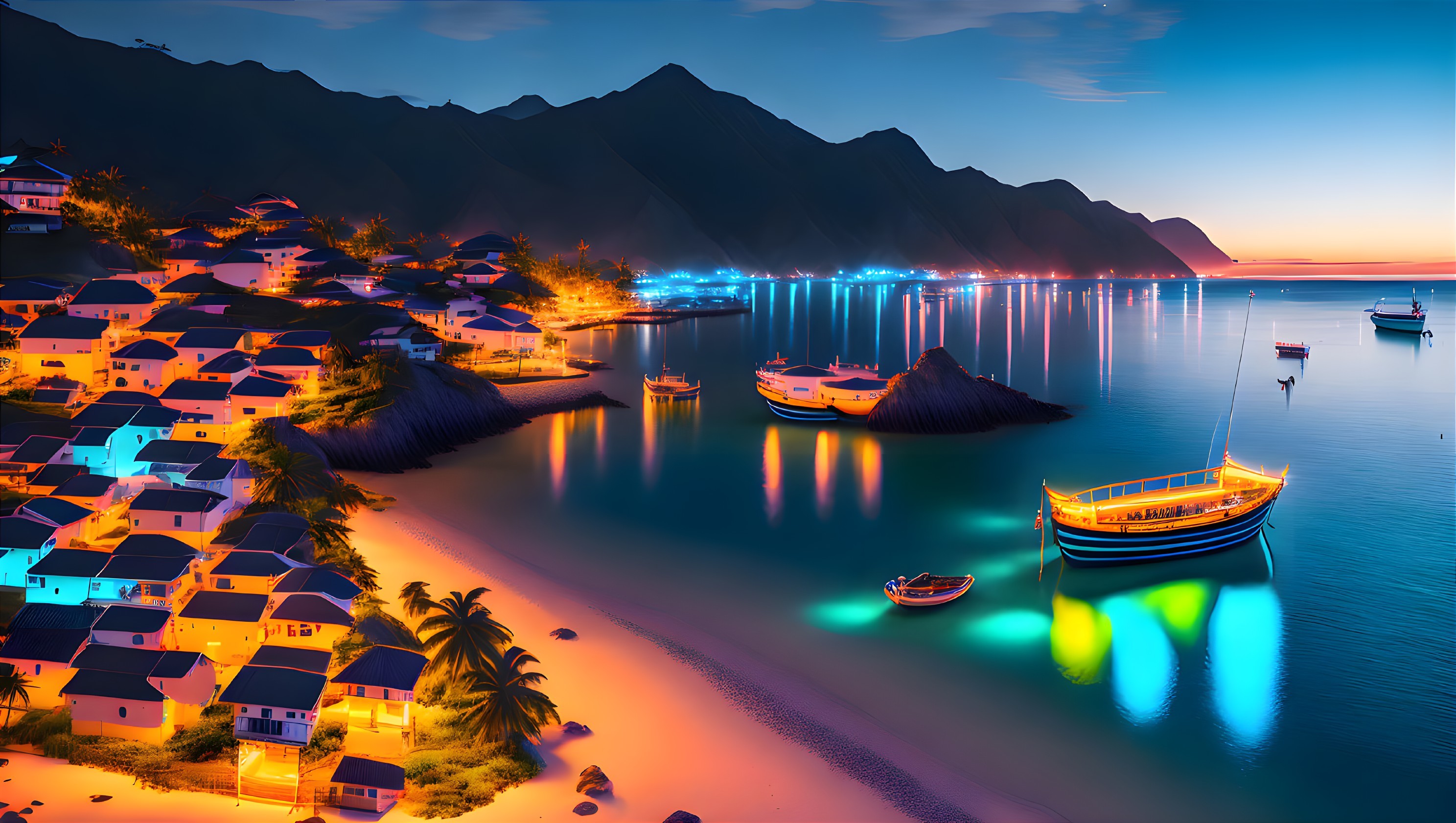 Twilight coastal village with illuminated houses, boats, and mountains