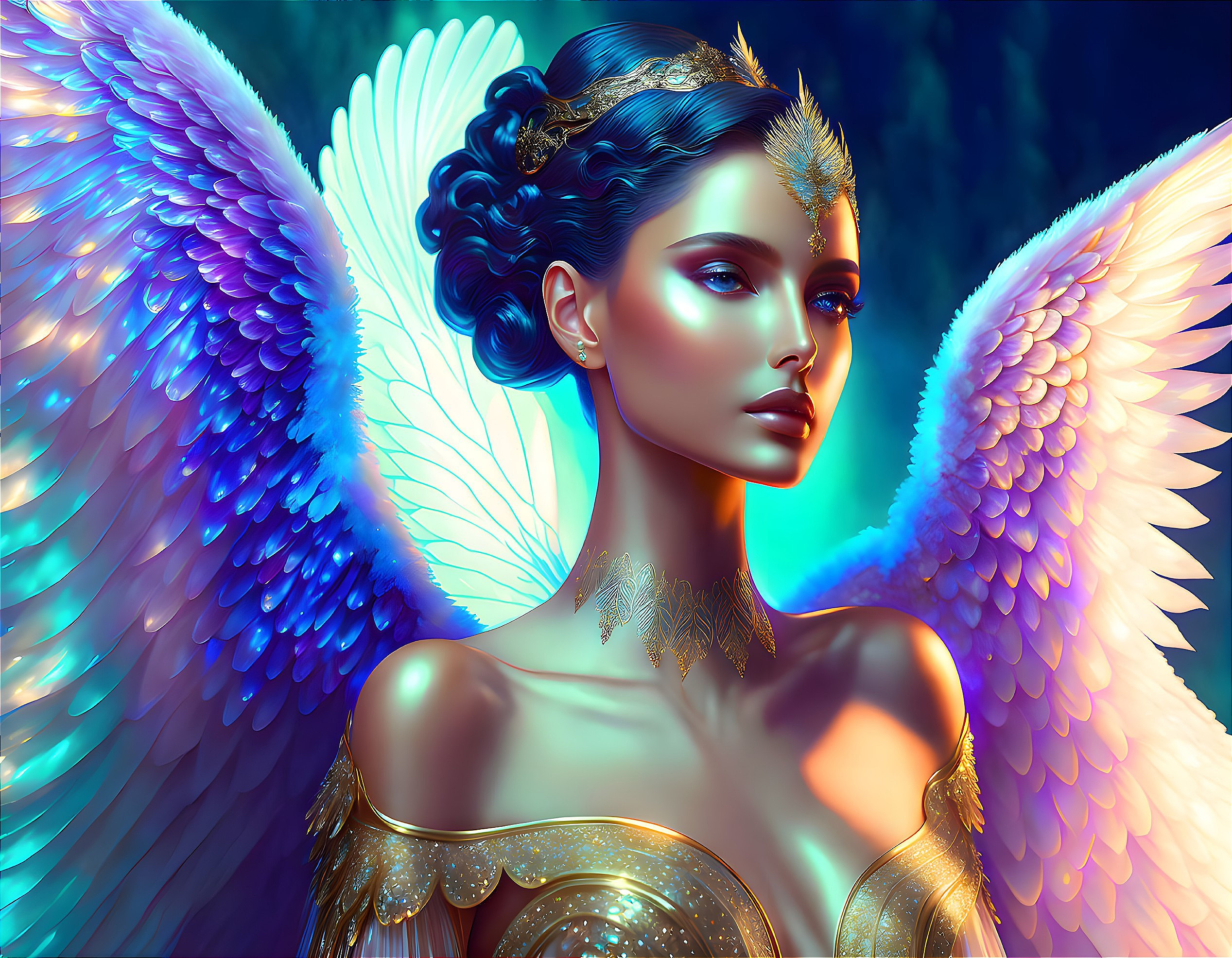 Colorful digital artwork: Woman with angel wings and gold attire on blue background