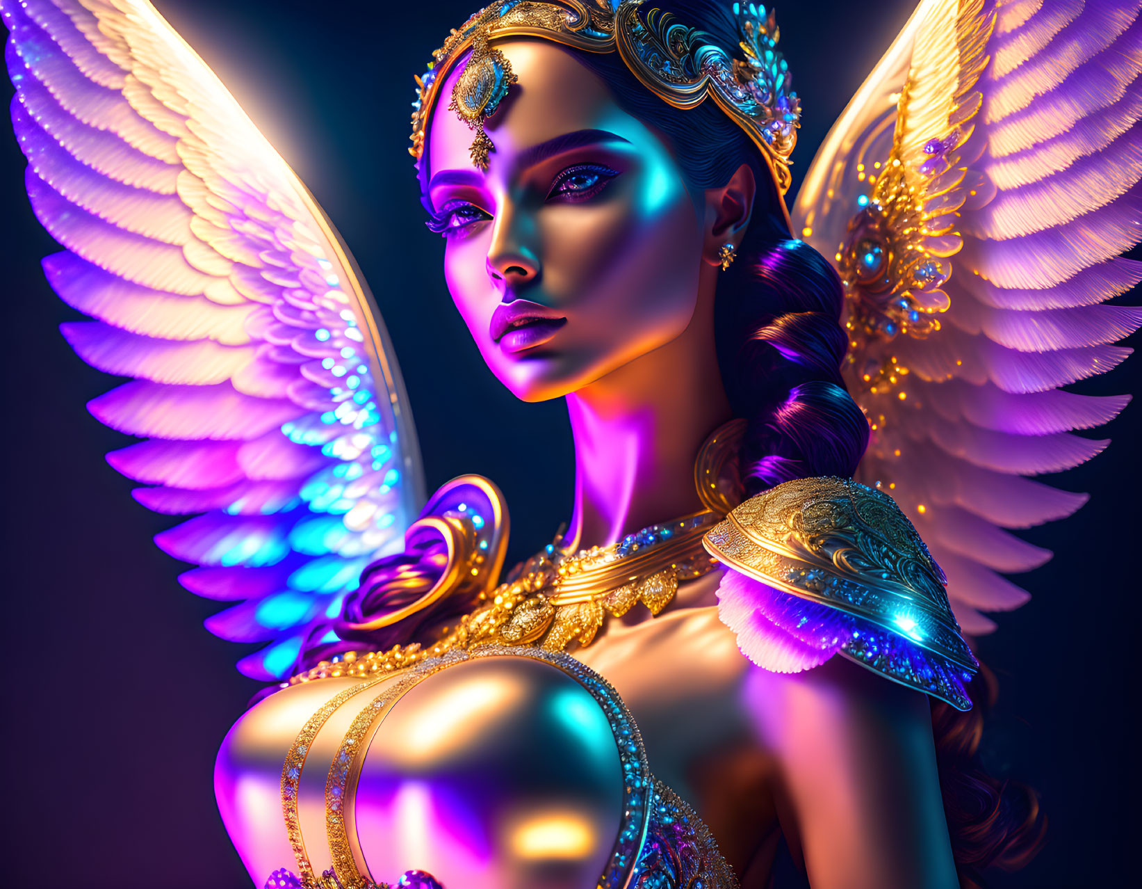 Illustration of woman with angelic wings and ornate gold jewelry in mystical blue and golden glow