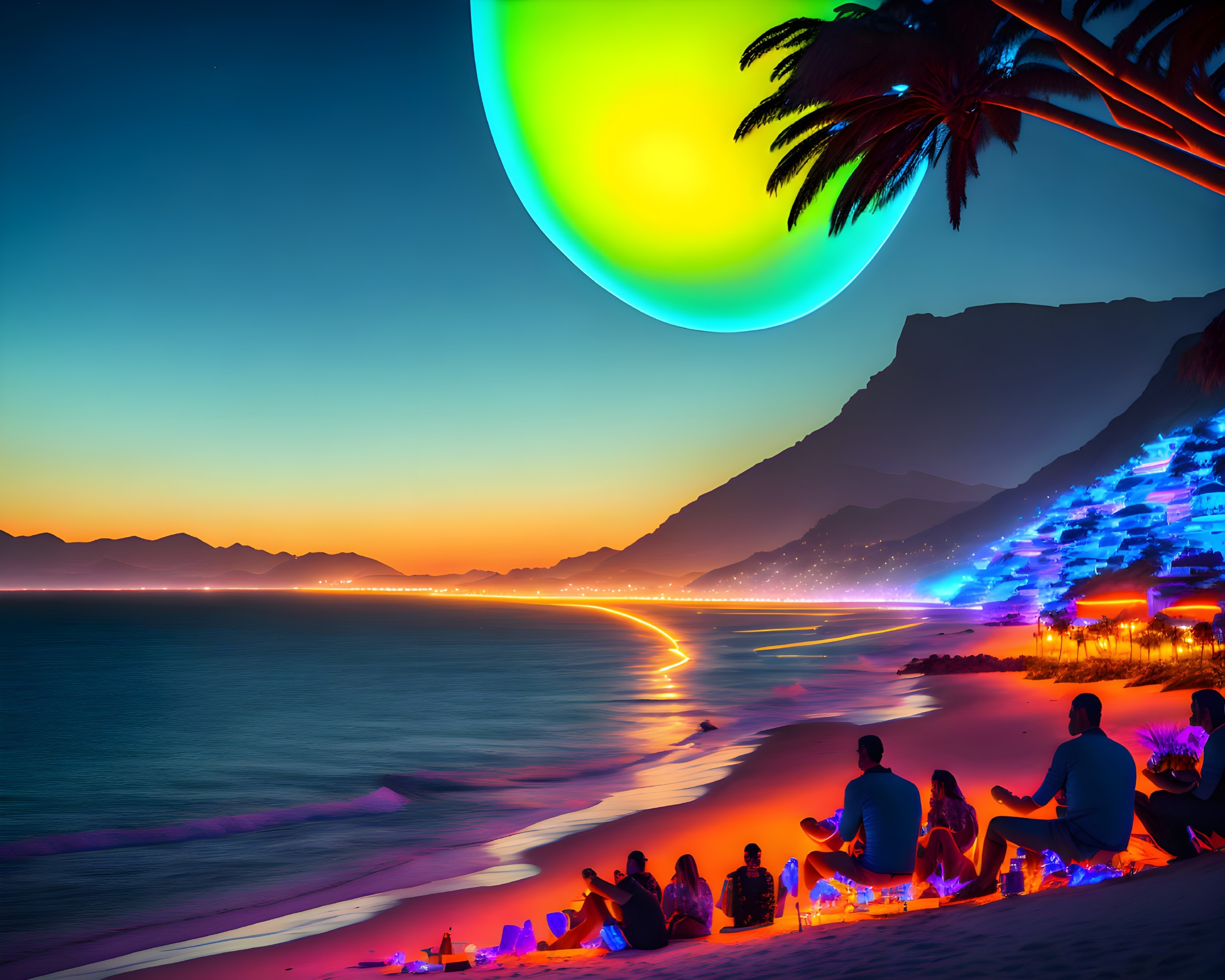 Twilight beach scene with oversized green and yellow moon and neon-lit buildings