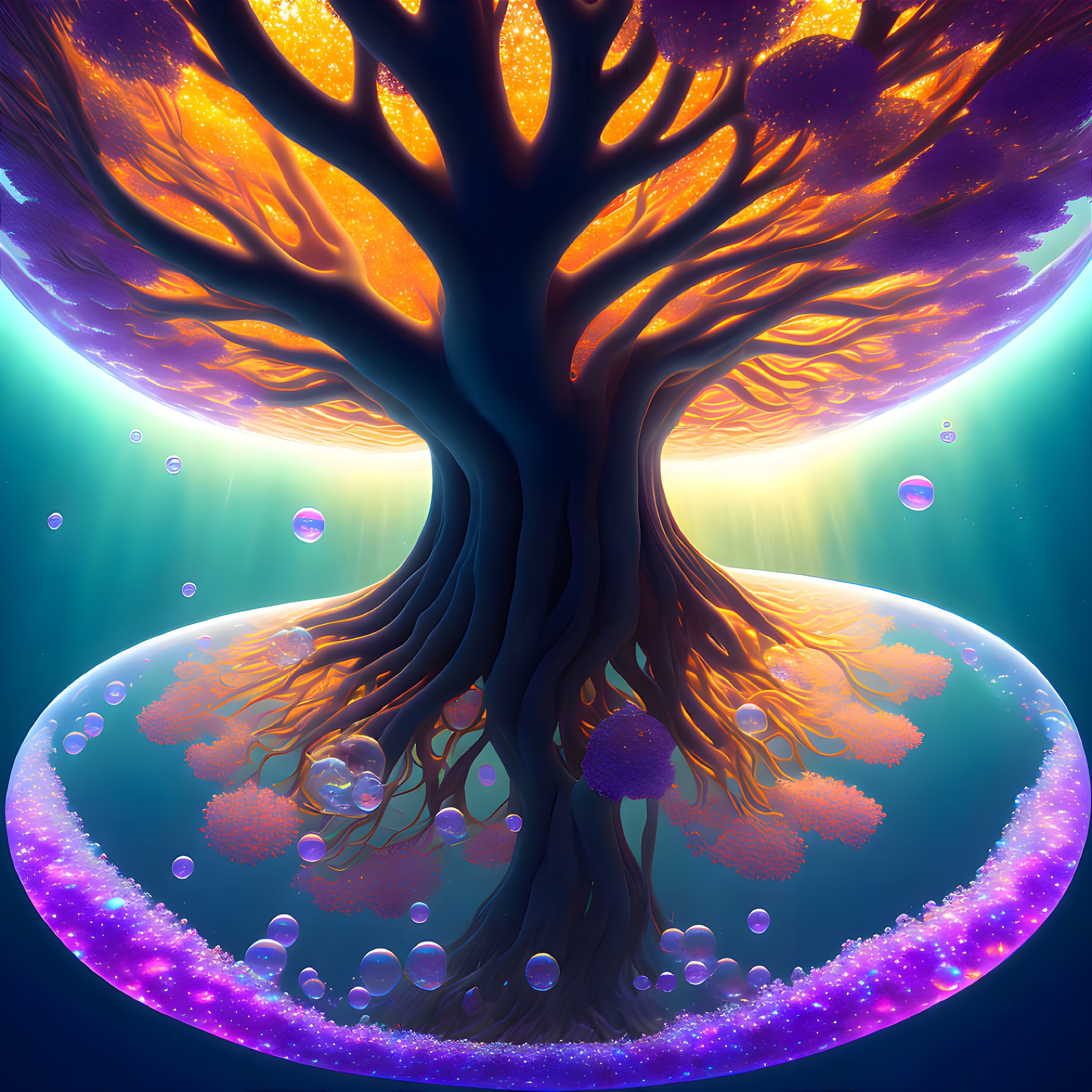 Colorful cosmic tree with golden leaves in a blue backdrop surrounded by bubbles and jellyfish-like organisms.