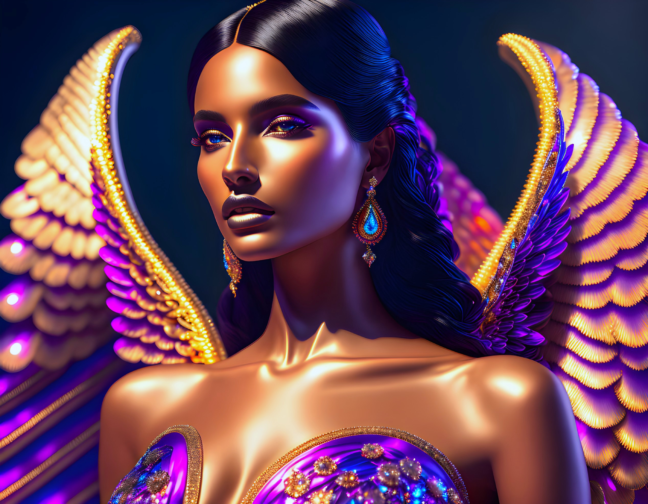 Digital artwork featuring woman in golden winged attire and turquoise earrings on dark background