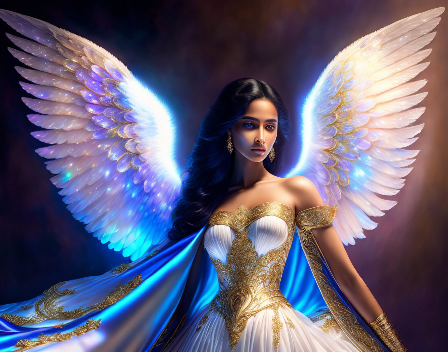 Woman with glowing angel wings in ornate white and gold dress on mystical blue and purple background