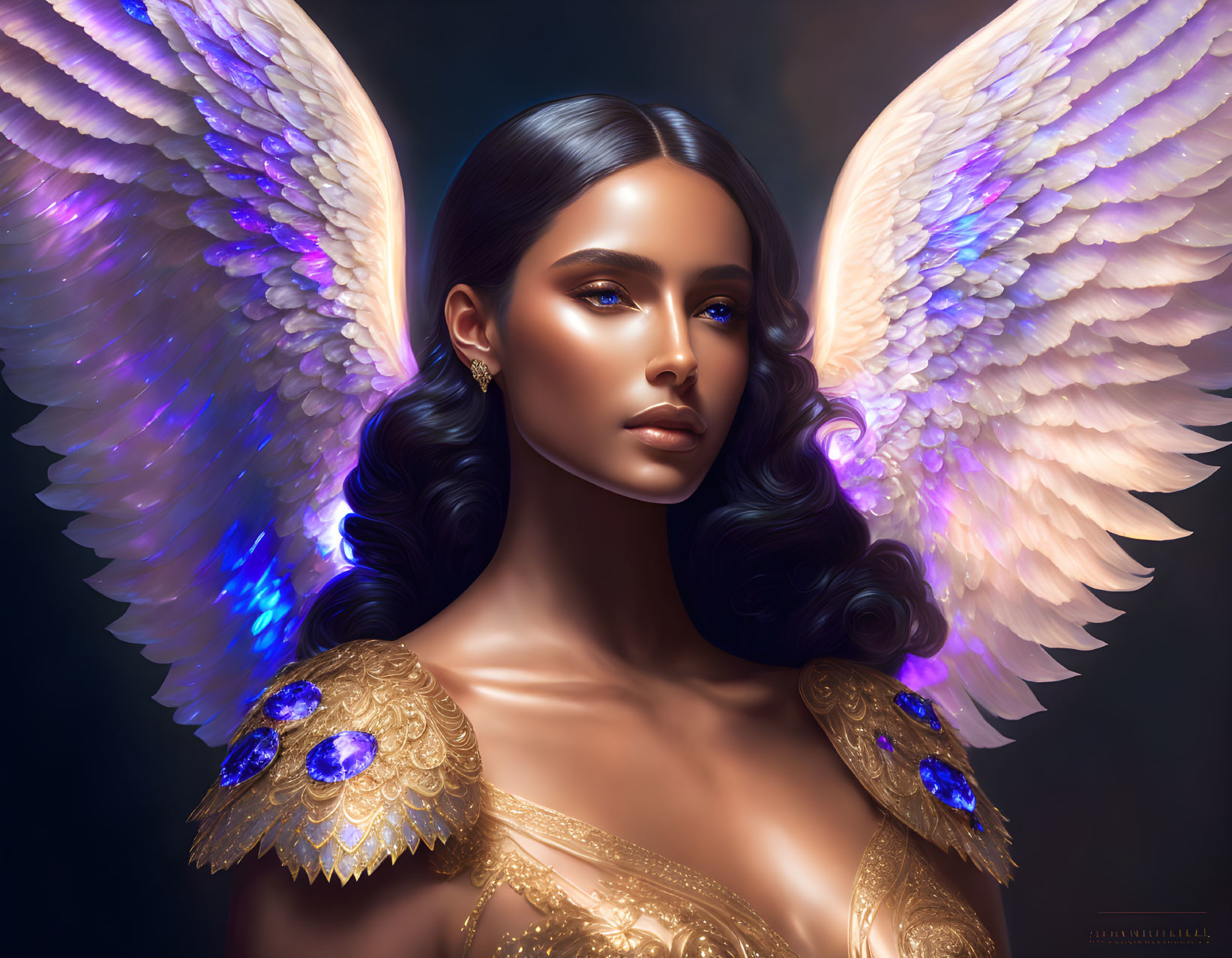 Digital Artwork: Woman with Angel Wings and Golden Armor