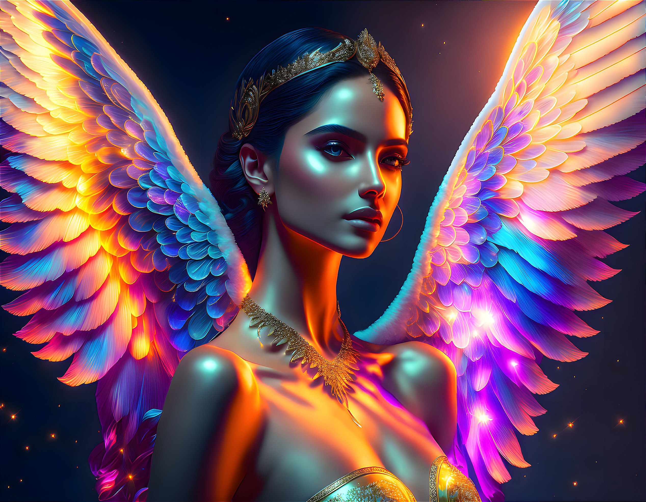 Vibrant multicolored angel wings on a regal woman portrait