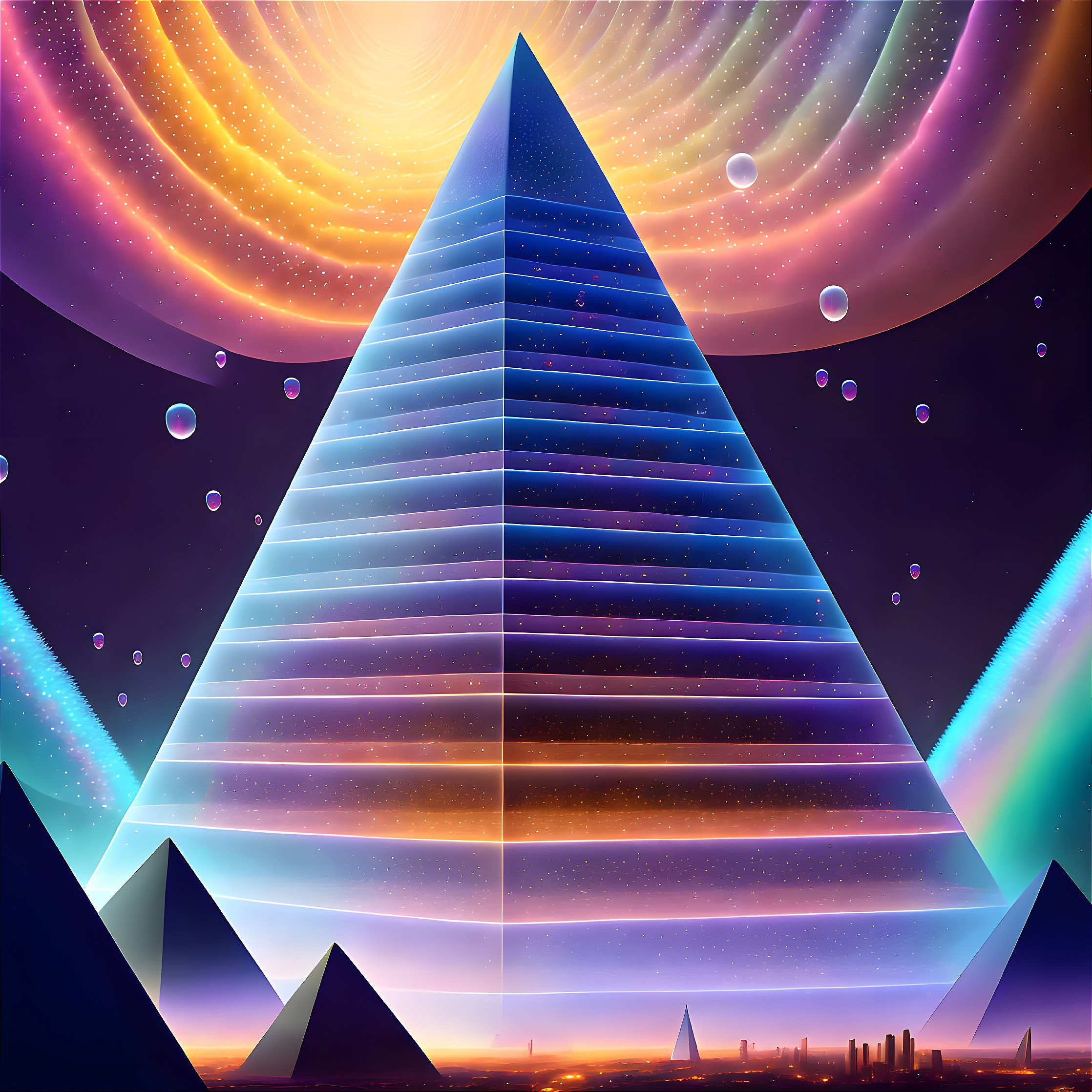 Colorful Digital Artwork: Glowing Pyramid in Cosmic Setting